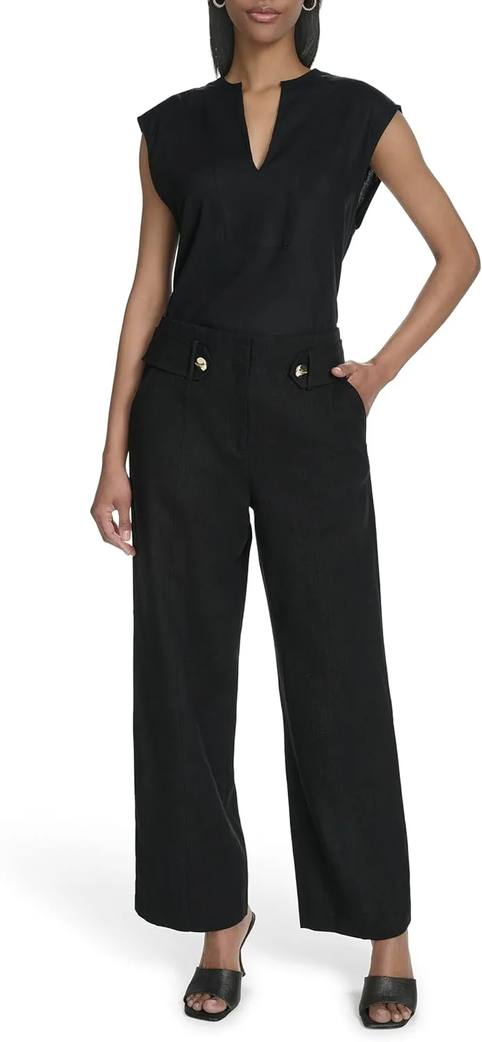 Halston Women's Straight Leg Linen Faux Belted Pant