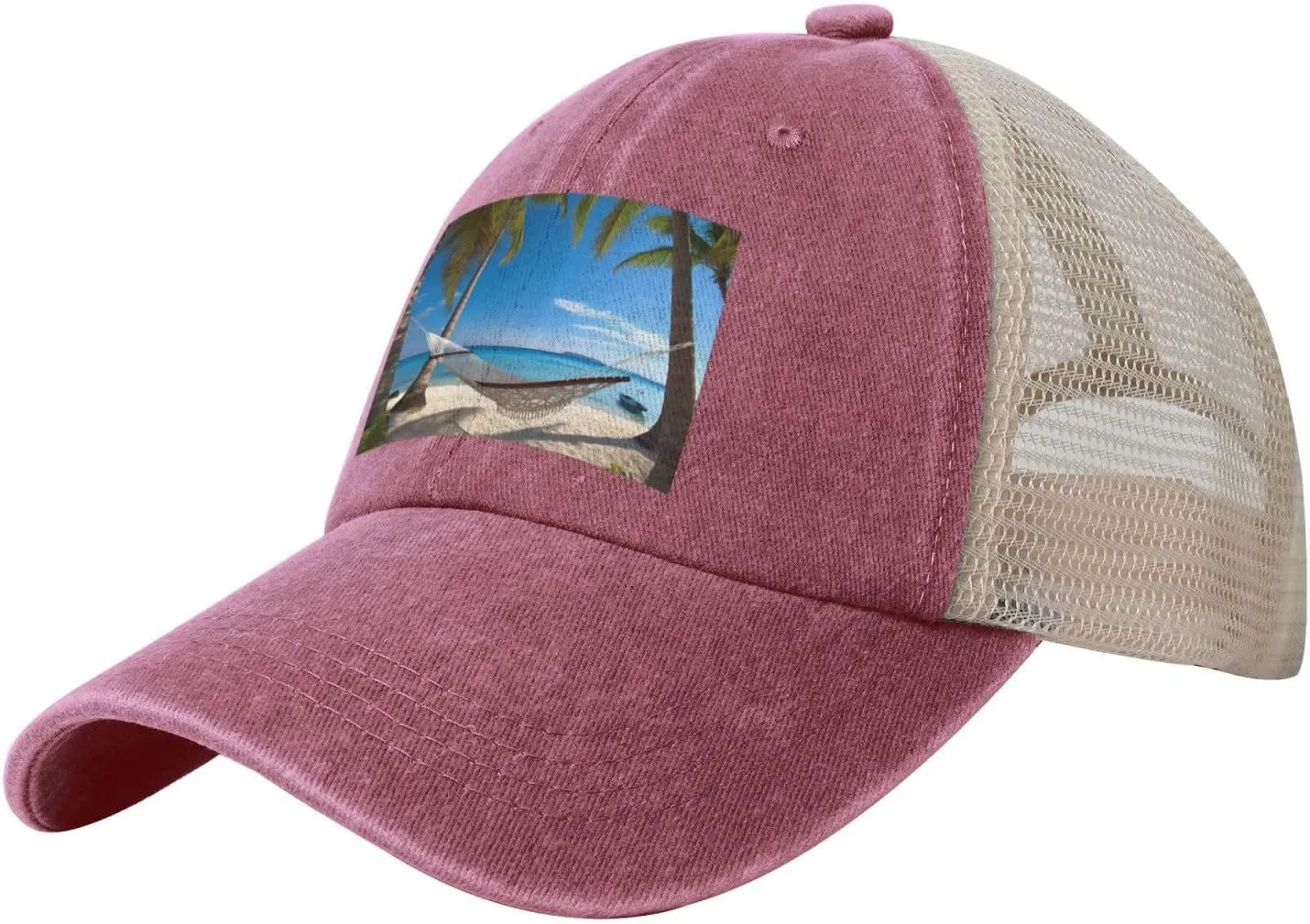 Hammock Hanging from Palm Trees Printed Cowboy Mesh Baseball Cap — Adjustable mesh