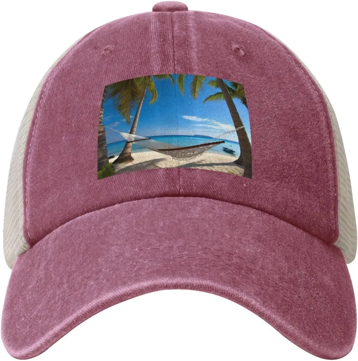 Hammock Hanging from Palm Trees Printed Cowboy Mesh Baseball Cap — Adjustable mesh