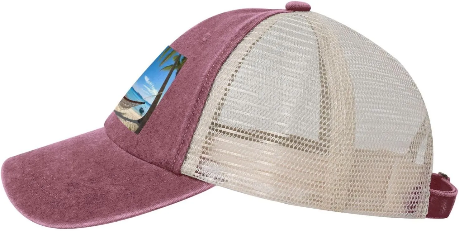 Hammock Hanging from Palm Trees Printed Cowboy Mesh Baseball Cap — Adjustable mesh