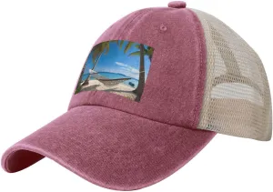 Hammock Hanging from Palm Trees Printed Cowboy Mesh Baseball Cap — Adjustable mesh