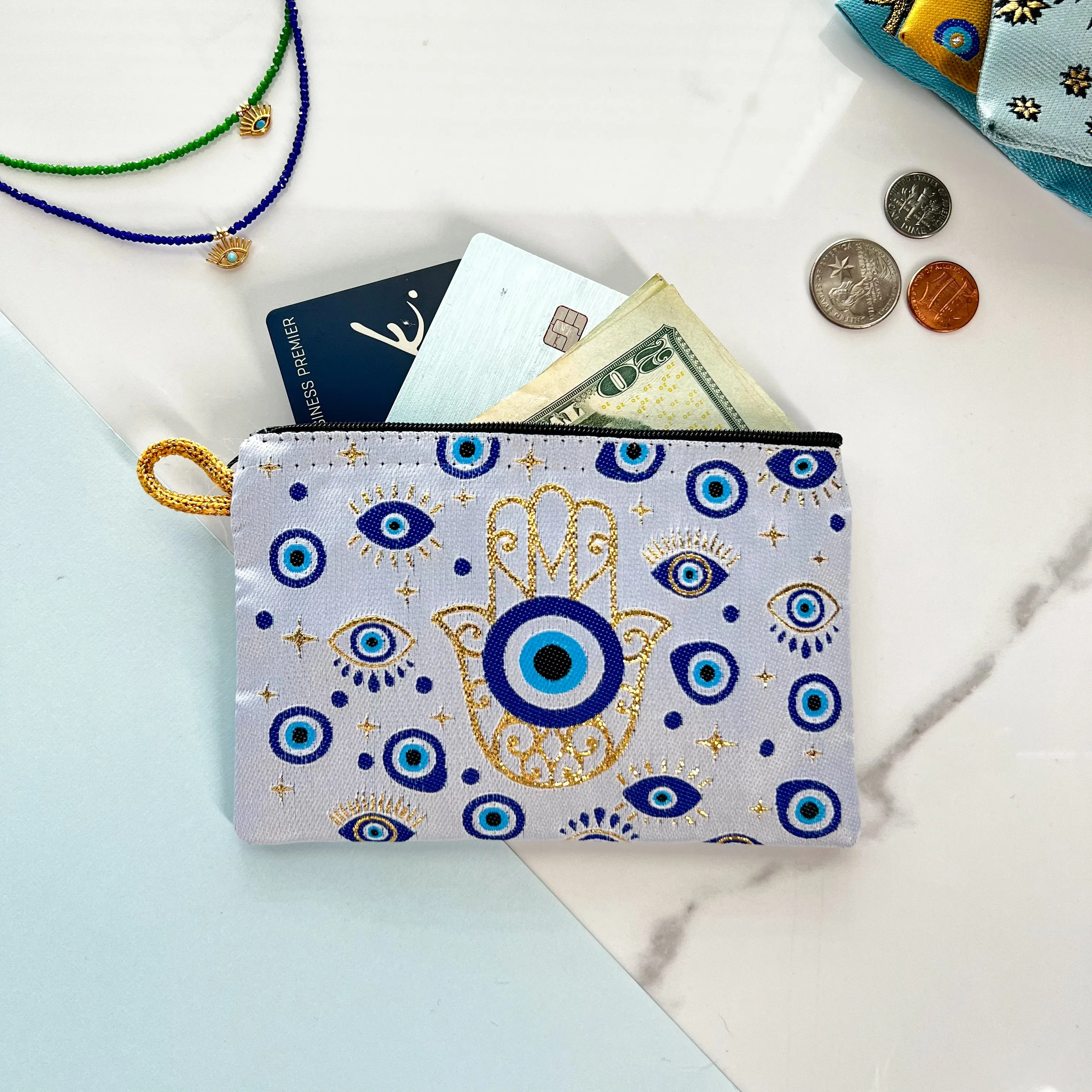 Hamsa Hand and Evil Eye Coin Purse, Fabric Pouch
