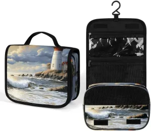 Hanging Sea Lighthouse Sandbeach Printed Toiletry Bag Travel Toiletry Bag Foldable Large-capacity Design Suitable for Travel, Fitness, Camping, Home Use, Etc.