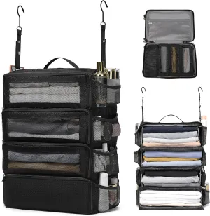 Hanging Suitcase Organizer, Travel Essentials Carry-on Collapsible Packing Cubes for Travel, Stow-N-Go Portable Hanging Closet Organizer Shelves Luggage Bag, Medium, Black