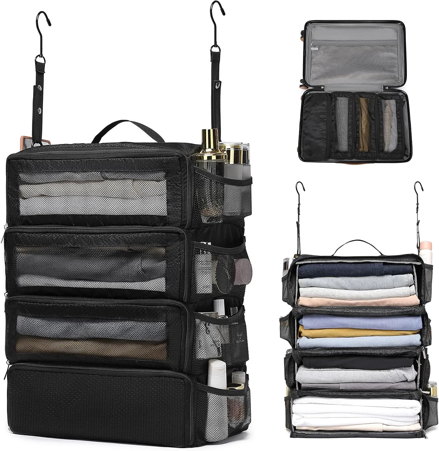 Hanging Suitcase Organizer, Travel Essentials Carry-on Collapsible Packing Cubes for Travel, Stow-N-Go Portable Hanging Closet Organizer Shelves Luggage Bag, Medium, Black