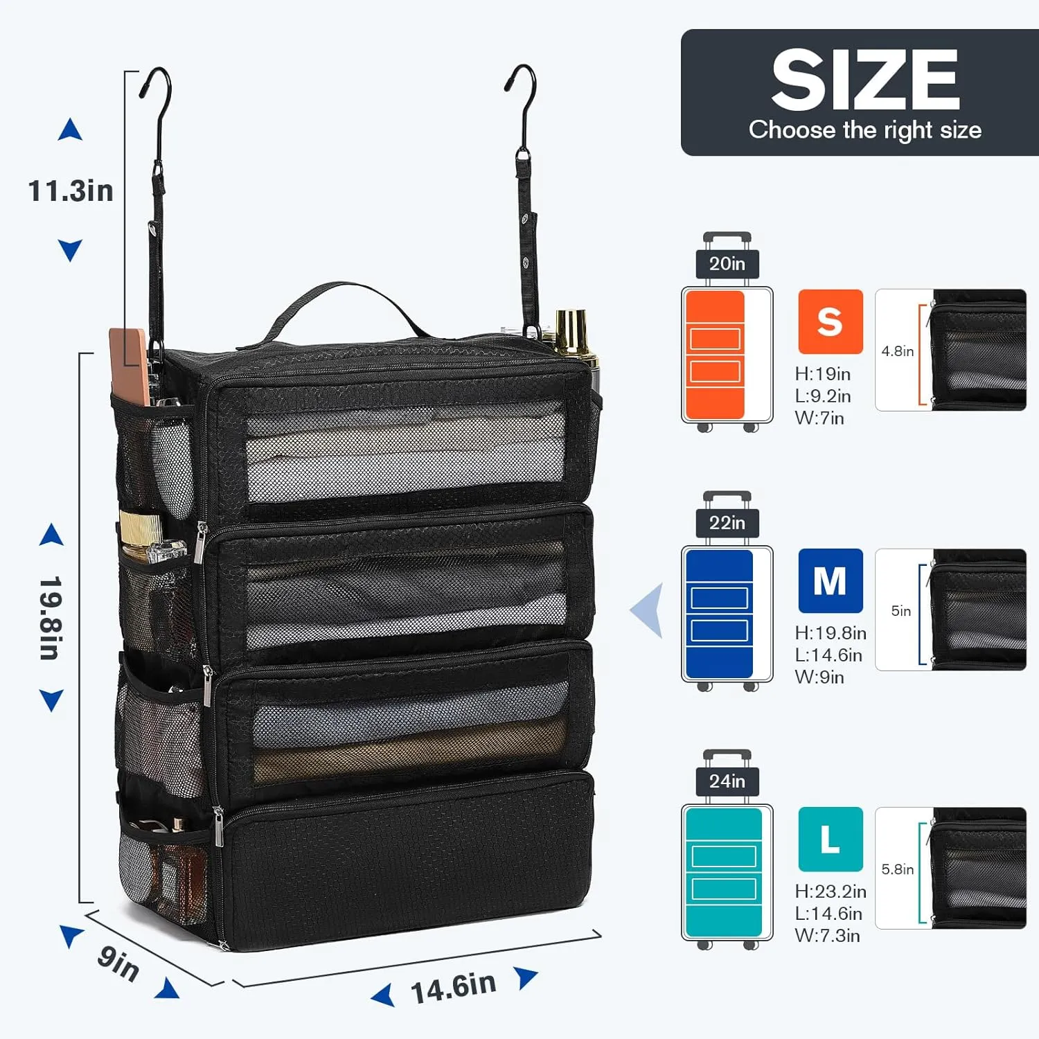 Hanging Suitcase Organizer, Travel Essentials Carry-on Collapsible Packing Cubes for Travel, Stow-N-Go Portable Hanging Closet Organizer Shelves Luggage Bag, Medium, Black