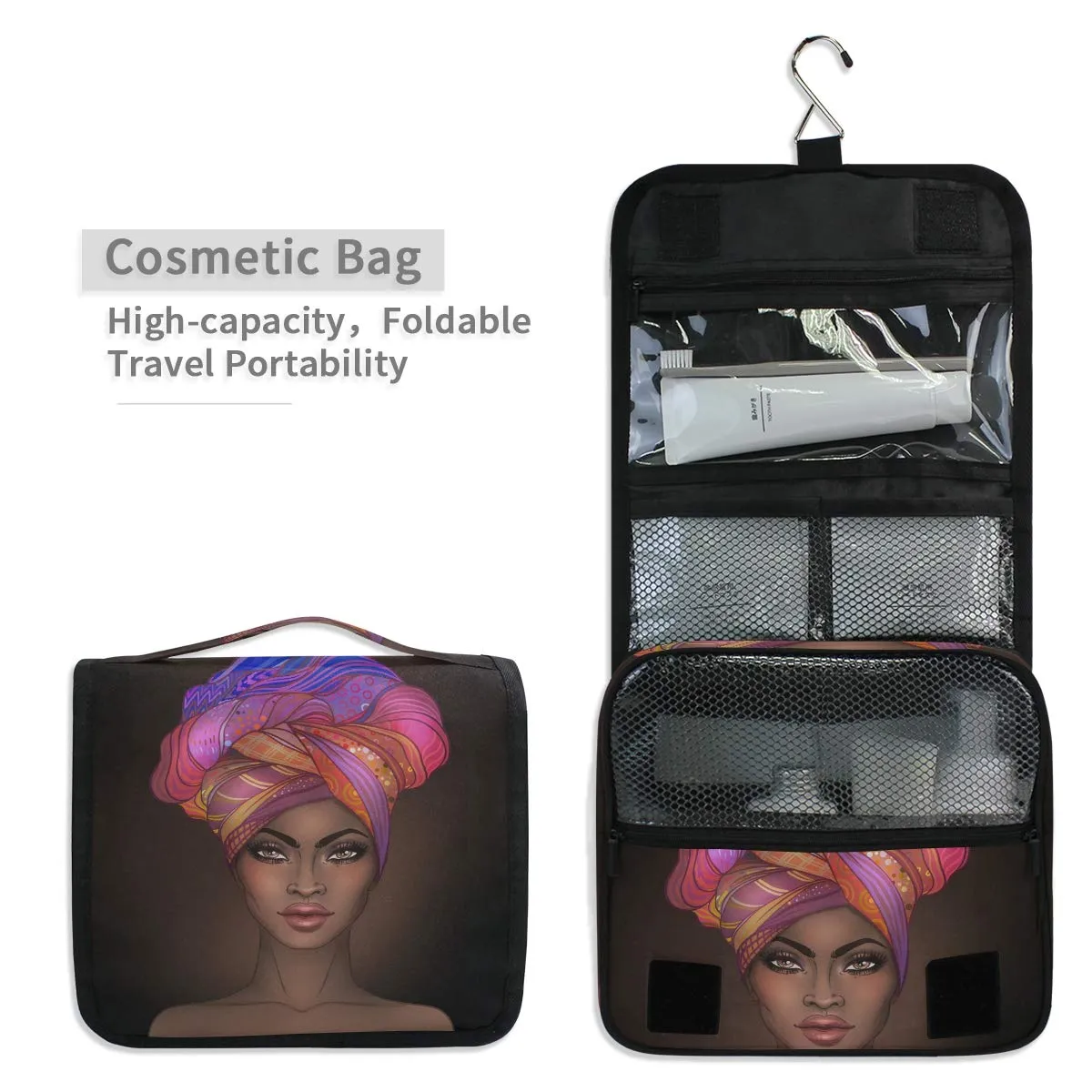 Hanging Toiletry Bag African American Woman Portable Cosmetic Makeup Travel Organizer for Men & Women with Sturdy Hook