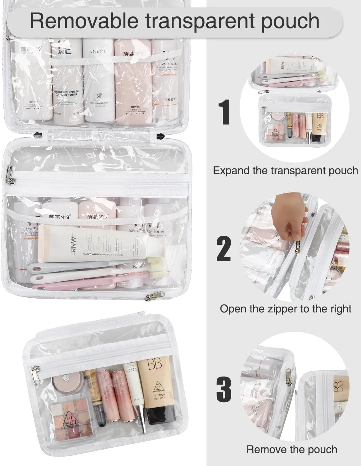 Hanging Toiletry Bag, Clear Travel Toiletry Bag with Detachable TSA Approved Small Clear Bag Airline 3-1-1 Carry On Compliant Bag Makeup Bag for Men and Women