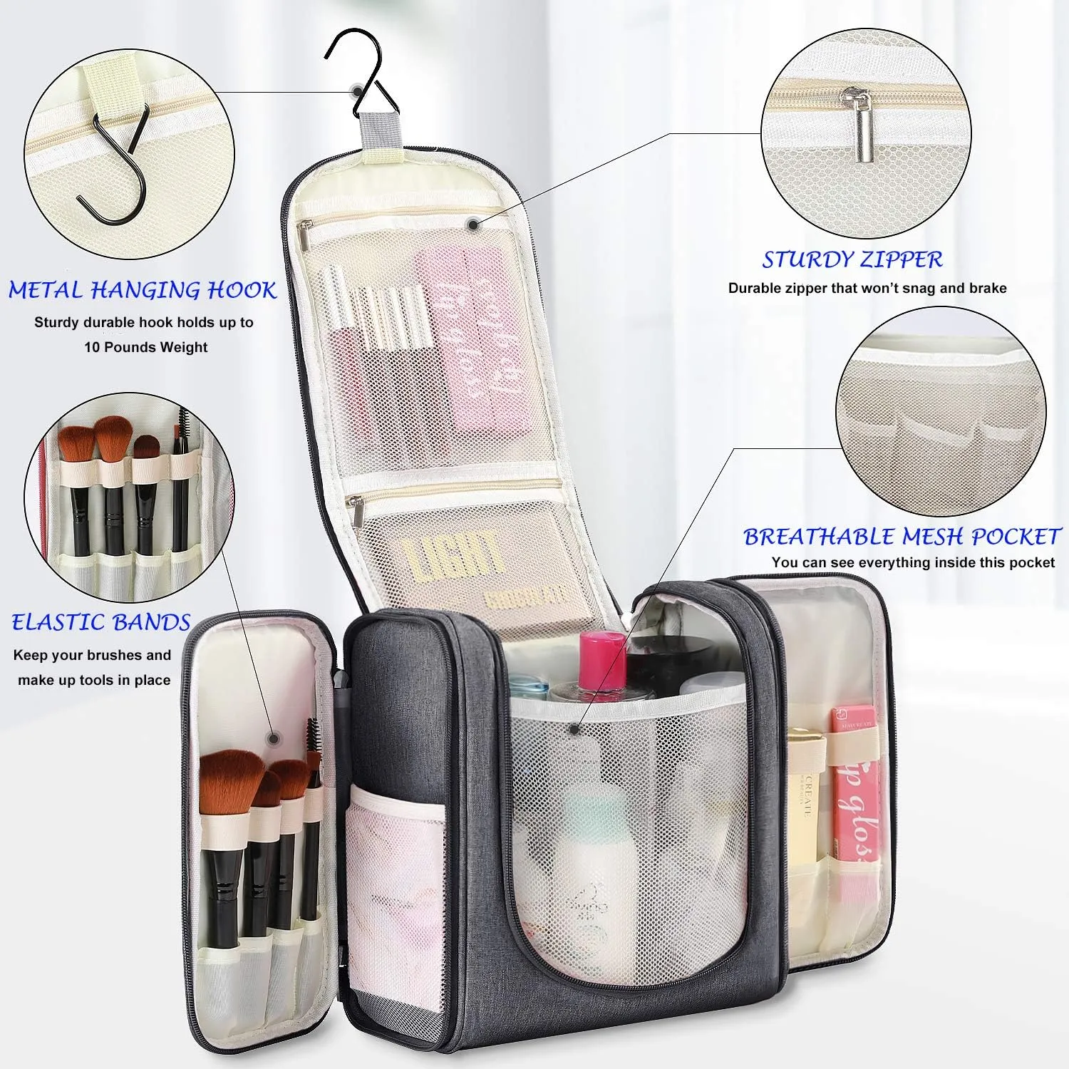 Hanging Toiletry Bag Extra Large Capacity | Premium Travel Organizer Bags For Men And Women | Durable Waterproof Nylon Bathroom, Shower, Makeup Bag For Toiletries, Cosmetics, Brushes