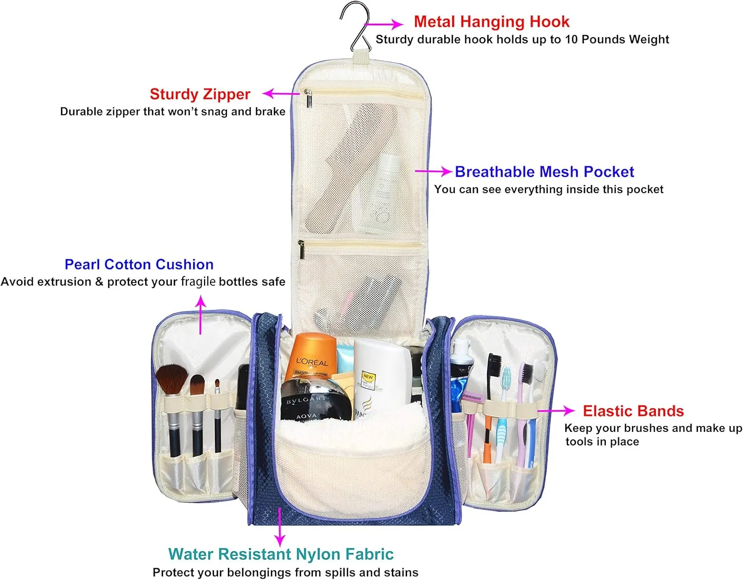 Hanging Toiletry Bag Extra Large Capacity | Premium Travel Organizer Bags For Men And Women | Durable Waterproof Nylon Bathroom, Shower, Makeup Bag For Toiletries, Cosmetics, Brushes