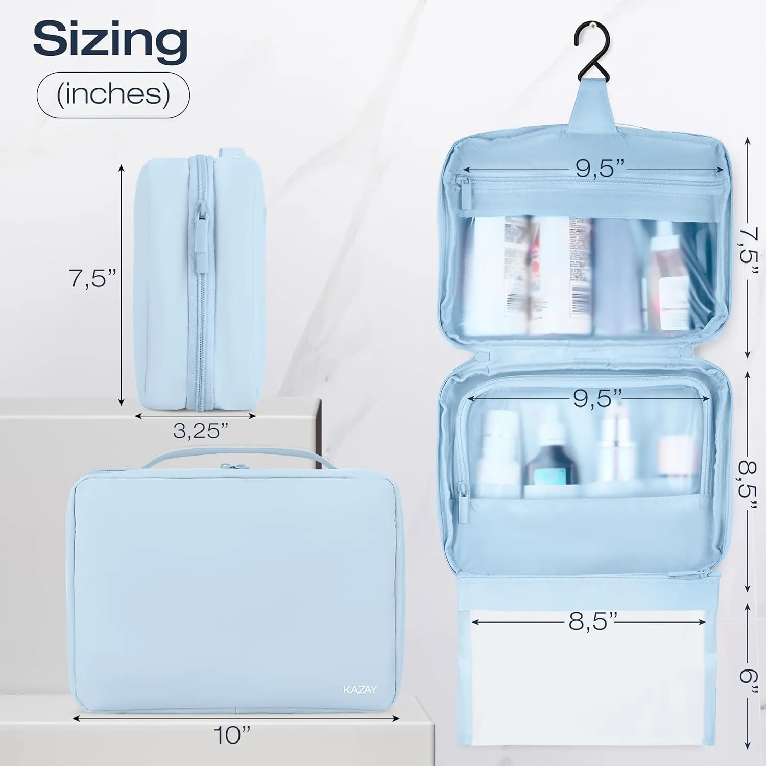Hanging Toiletry Bag with TSA Approved Detachable Pouch, Travel Toiletry Bag, Water Resistant, Premium Nylon, Full-Size Bottles, Travel Size Toiletries, Cosmetic Bag, Unisex (Light Blue)