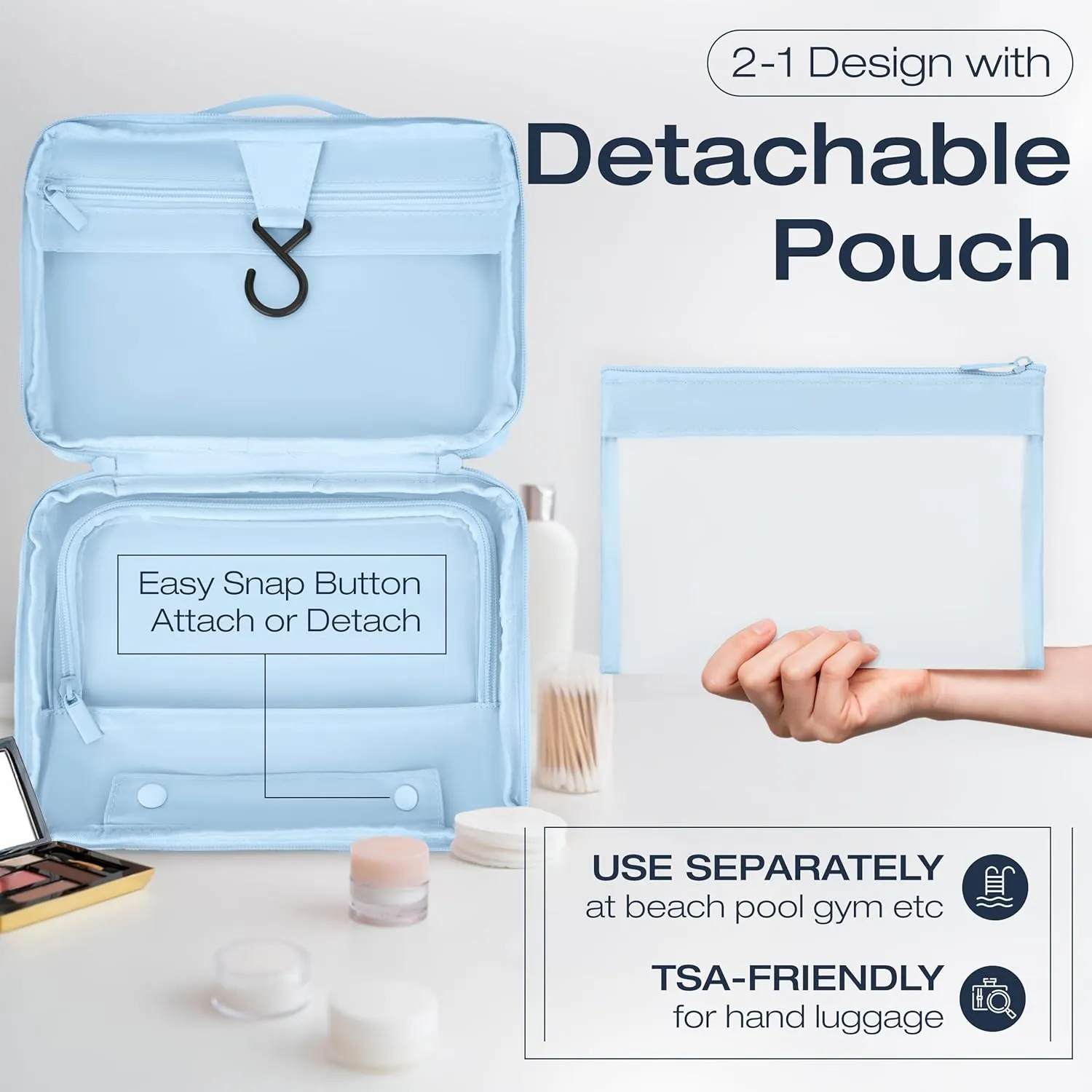 Hanging Toiletry Bag with TSA Approved Detachable Pouch, Travel Toiletry Bag, Water Resistant, Premium Nylon, Full-Size Bottles, Travel Size Toiletries, Cosmetic Bag, Unisex (Light Blue)