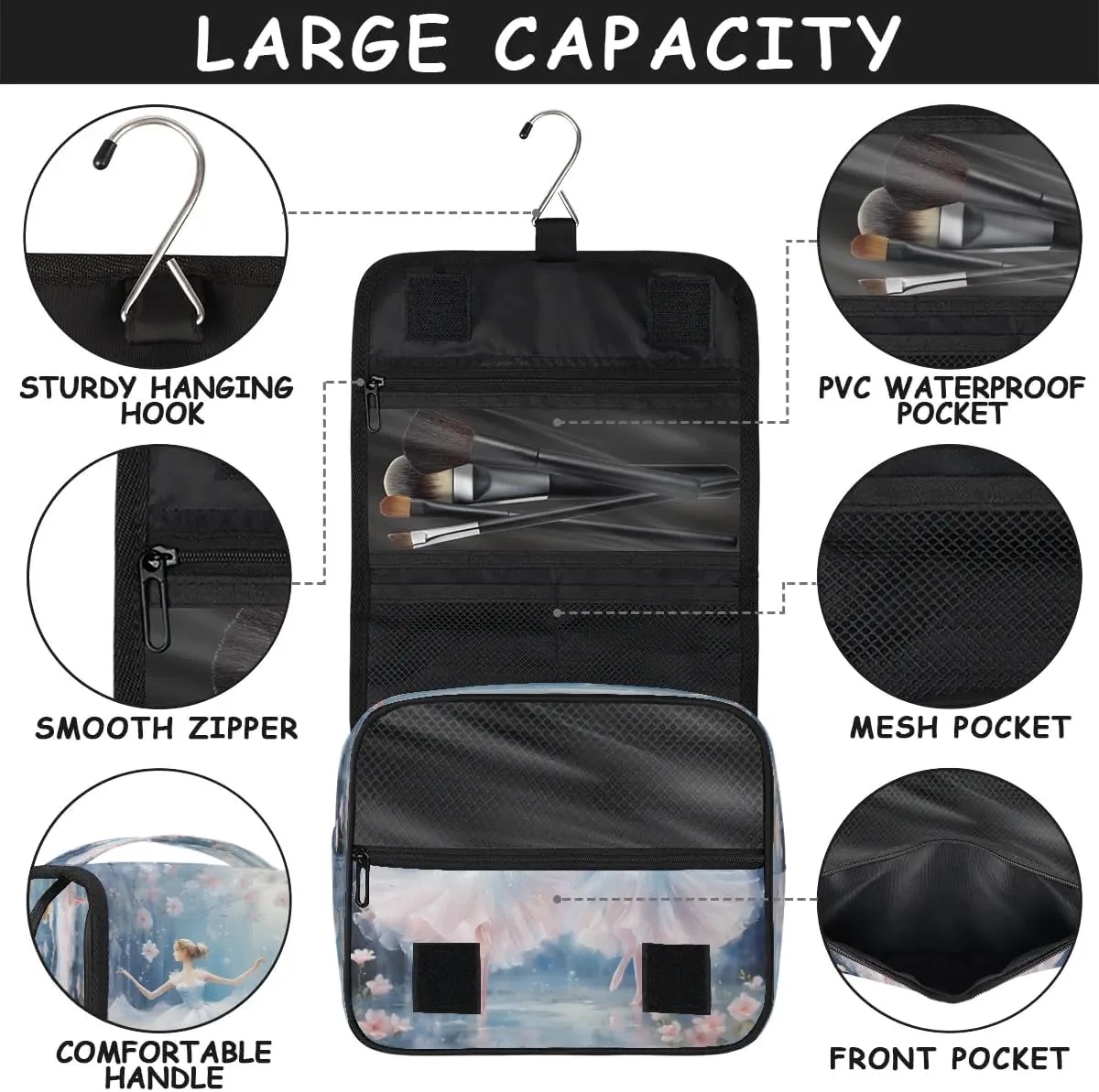 Hanging Travel Toiletry Bag Ballet Flowers Toiletry Bags with Hanging Hook Portable Cosmetic Bag Makeup Organizer for Travel Business Trip