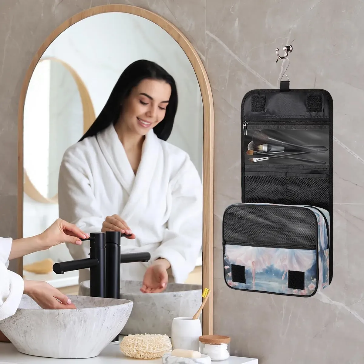 Hanging Travel Toiletry Bag Ballet Flowers Toiletry Bags with Hanging Hook Portable Cosmetic Bag Makeup Organizer for Travel Business Trip