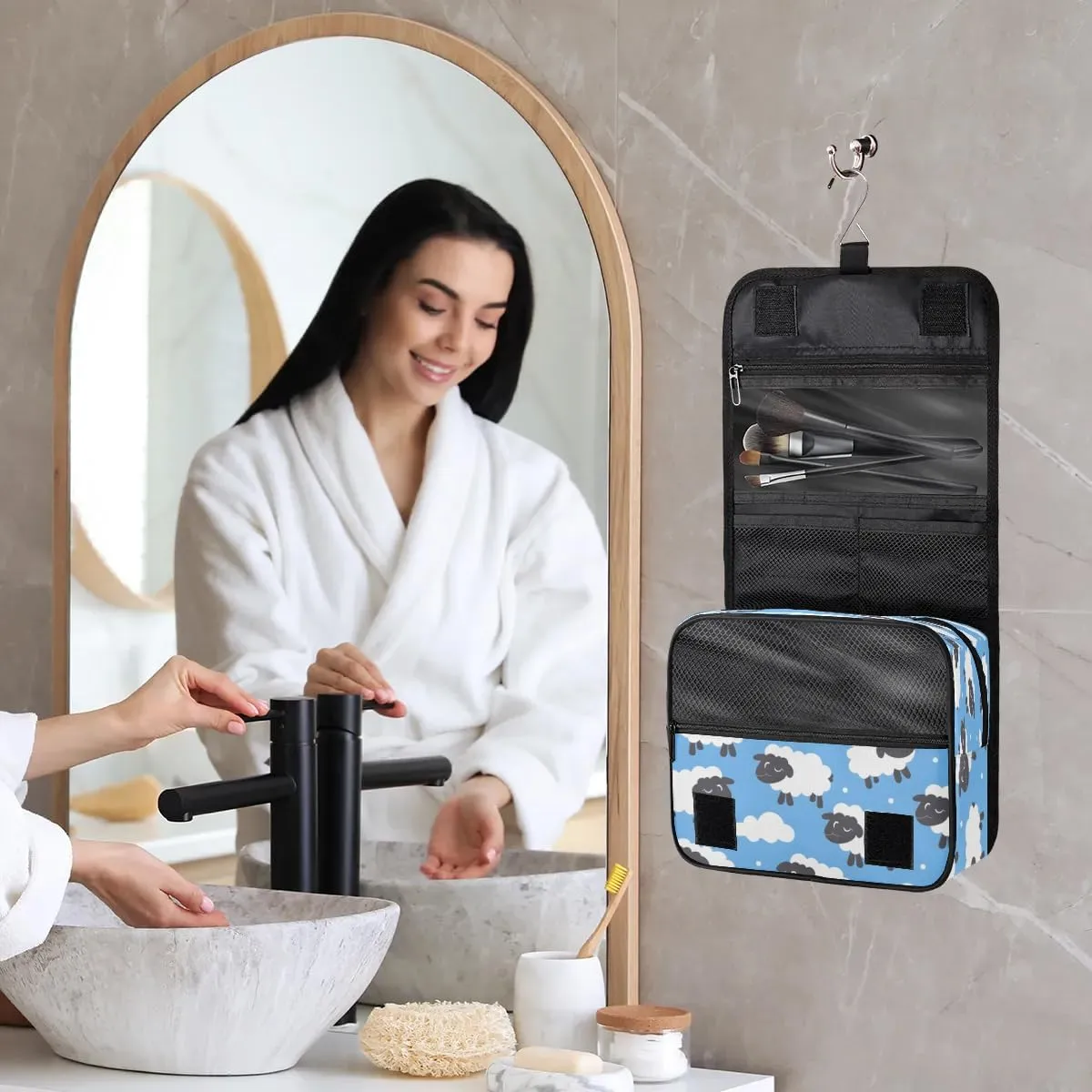 Hanging Travel Toiletry Bag Cartoon Sheep Toiletry Bags with Hanging Hook Portable Cosmetic Bag Makeup Organizer for Travel Business Trip