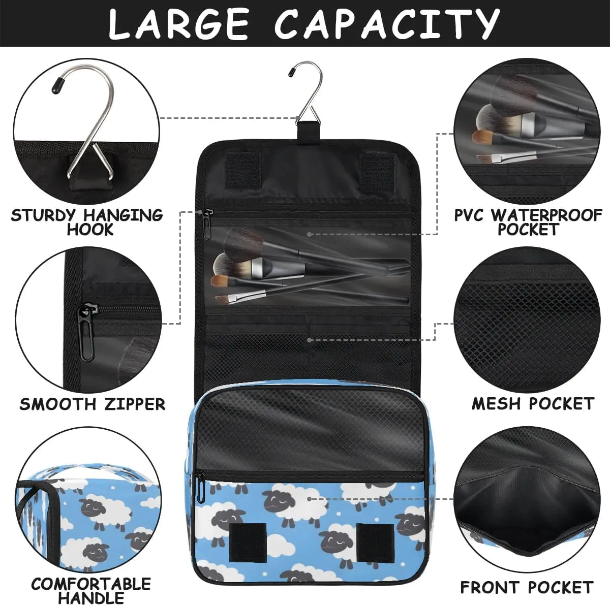 Hanging Travel Toiletry Bag Cartoon Sheep Toiletry Bags with Hanging Hook Portable Cosmetic Bag Makeup Organizer for Travel Business Trip