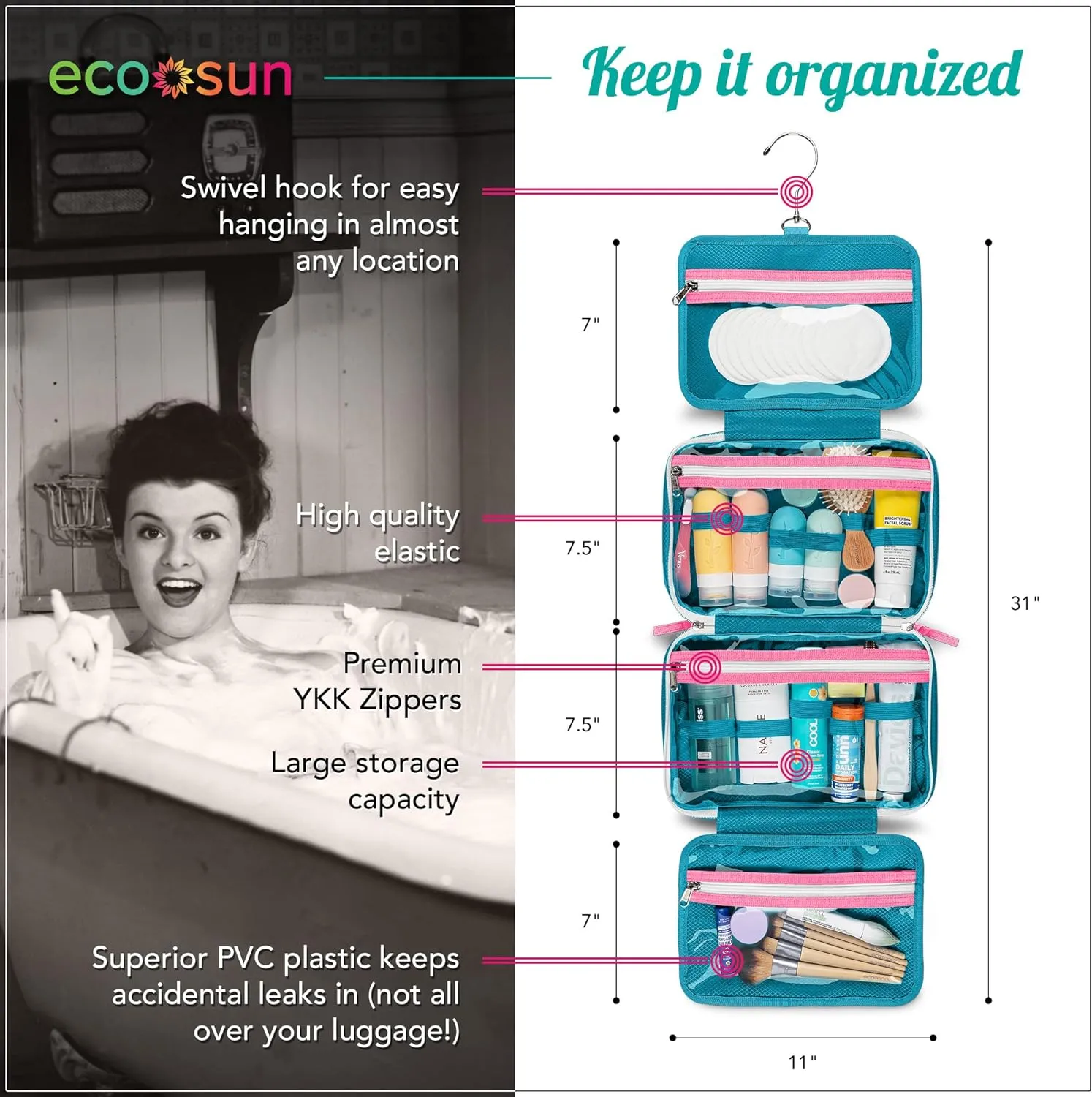 Hanging Travel Toiletry Bag — Designed in Hawaii — Water-resistant Travel Organizer for Bathroom Accessories