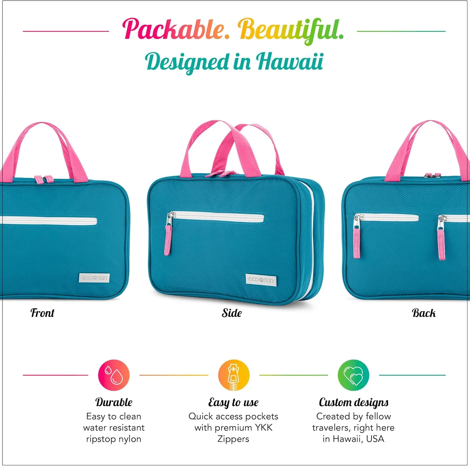 Hanging Travel Toiletry Bag — Designed in Hawaii — Water-resistant Travel Organizer for Bathroom Accessories