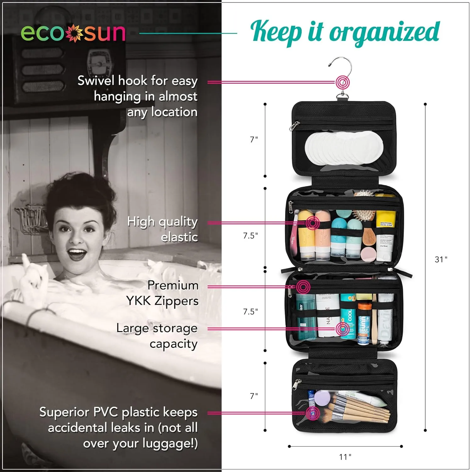 Hanging Travel Toiletry Bag — Designed in Hawaii — Water-resistant Travel Organizer for Bathroom Accessories