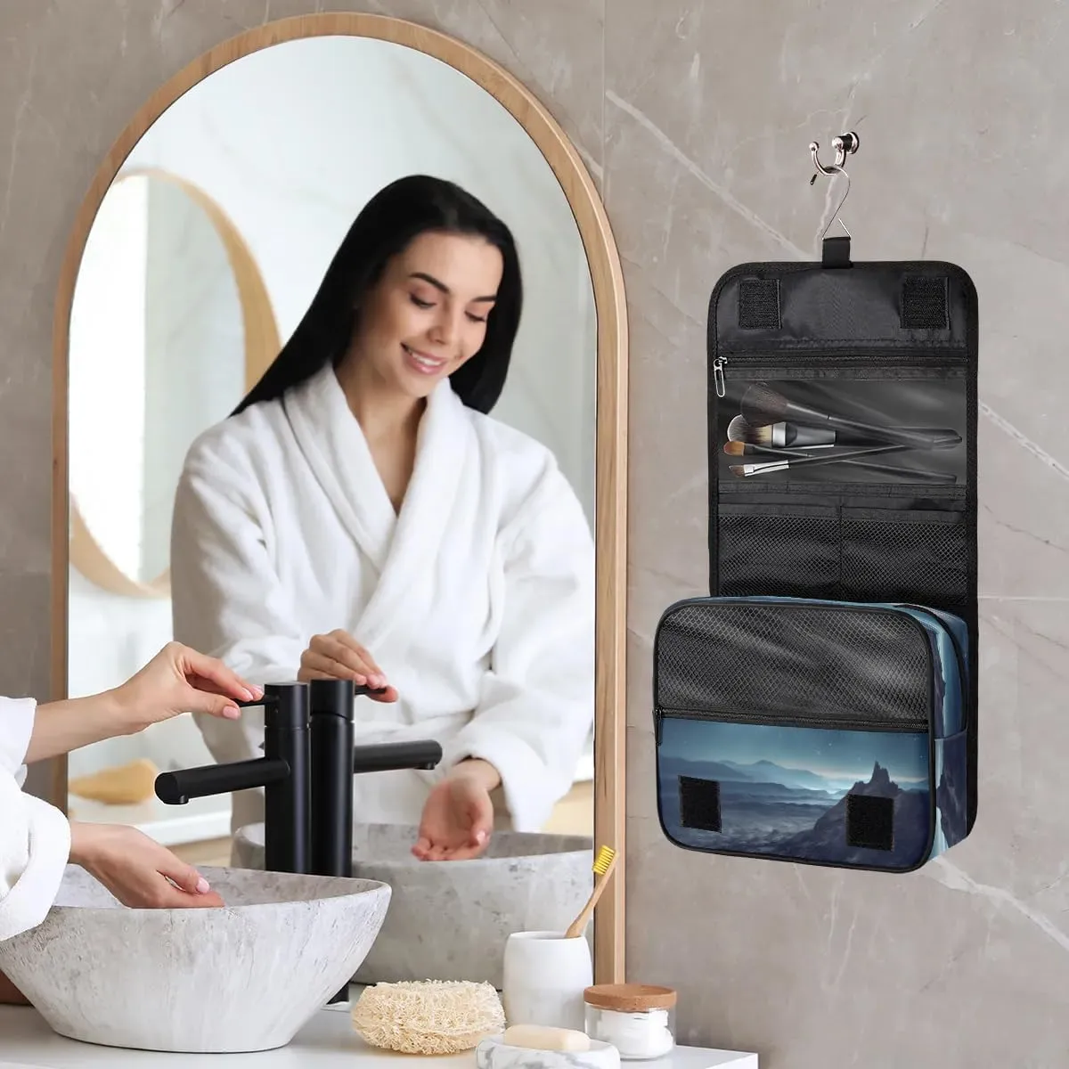 Hanging Travel Toiletry Bag Distant Planet Toiletry Bags with Hanging Hook Portable Cosmetic Bag Makeup Organizer for Travel Business Trip