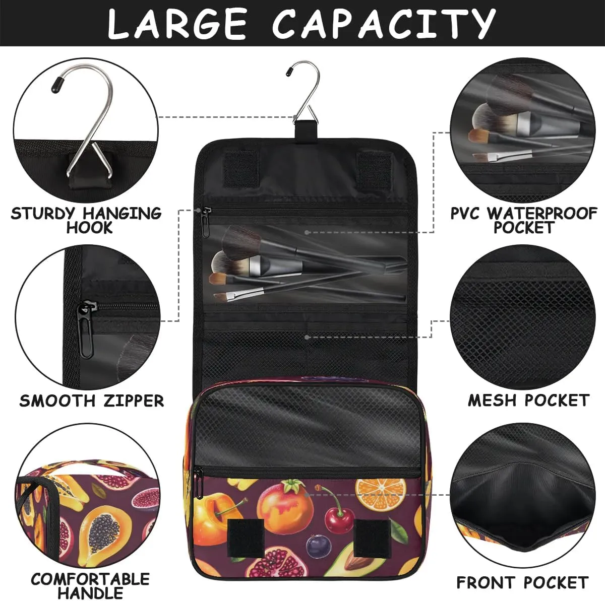 Hanging Travel Toiletry Bag Fruits Pomegranate Toiletry Bags with Hanging Hook Portable Cosmetic Bag Makeup Organizer for Travel Business Trip