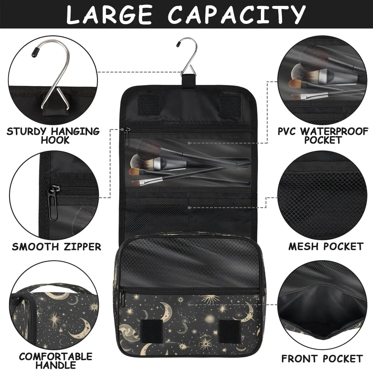 Hanging Travel Toiletry Bag Moon Stars Toiletry Bags with Hanging Hook Portable Cosmetic Bag Makeup Organizer for Travel Business Trip