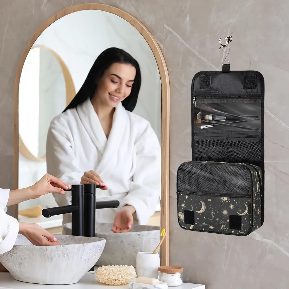 Hanging Travel Toiletry Bag Moon Stars Toiletry Bags with Hanging Hook Portable Cosmetic Bag Makeup Organizer for Travel Business Trip