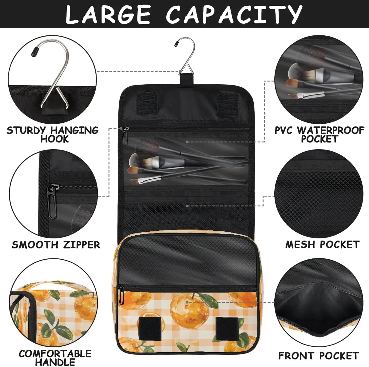 Hanging Travel Toiletry Bag Orange Check Plaid Toiletry Bags with Hanging Hook Portable Cosmetic Bag Makeup Organizer for Travel Business Trip