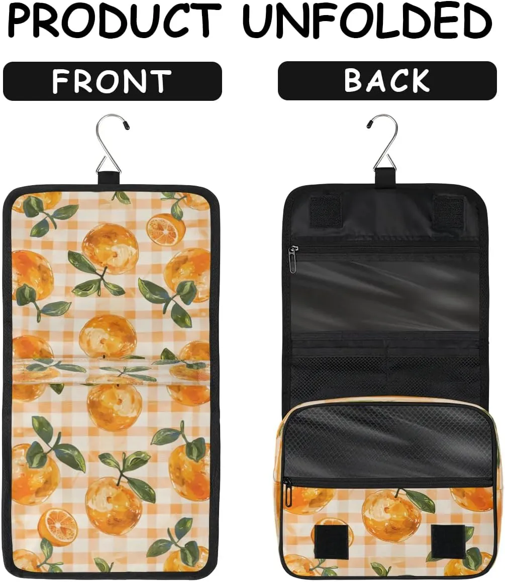 Hanging Travel Toiletry Bag Orange Check Plaid Toiletry Bags with Hanging Hook Portable Cosmetic Bag Makeup Organizer for Travel Business Trip