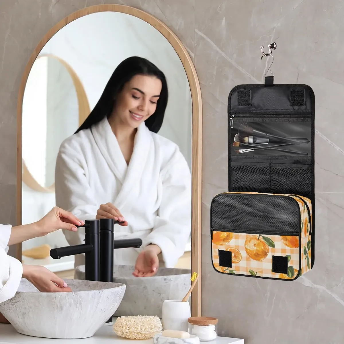 Hanging Travel Toiletry Bag Orange Check Plaid Toiletry Bags with Hanging Hook Portable Cosmetic Bag Makeup Organizer for Travel Business Trip