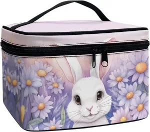 Happy Easter Travel Makeup Bag Funny Rabbit Bunny Easter Portable Cosmetic Case with Zipper and Carry Handle Purple Flower Floral Print Brush Kits Organizer Storage Pouch Toiletry Case