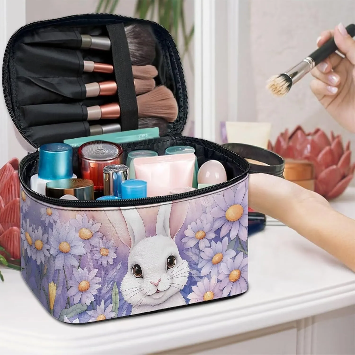Happy Easter Travel Makeup Bag Funny Rabbit Bunny Easter Portable Cosmetic Case with Zipper and Carry Handle Purple Flower Floral Print Brush Kits Organizer Storage Pouch Toiletry Case