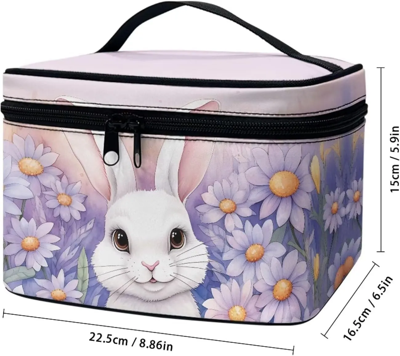 Happy Easter Travel Makeup Bag Funny Rabbit Bunny Easter Portable Cosmetic Case with Zipper and Carry Handle Purple Flower Floral Print Brush Kits Organizer Storage Pouch Toiletry Case