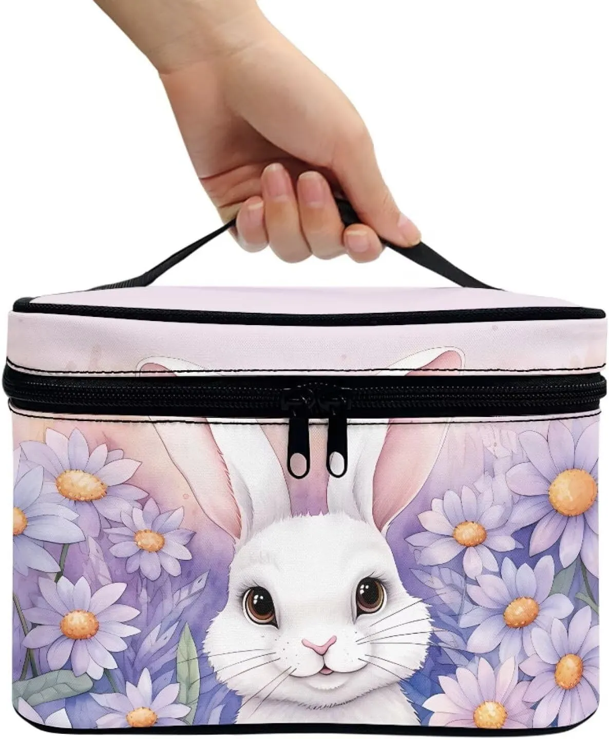 Happy Easter Travel Makeup Bag Funny Rabbit Bunny Easter Portable Cosmetic Case with Zipper and Carry Handle Purple Flower Floral Print Brush Kits Organizer Storage Pouch Toiletry Case