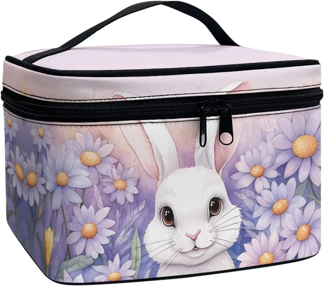 Happy Easter Travel Makeup Bag Funny Rabbit Bunny Easter Portable Cosmetic Case with Zipper and Carry Handle Purple Flower Floral Print Brush Kits Organizer Storage Pouch Toiletry Case