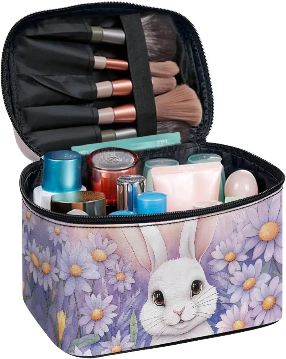 Happy Easter Travel Makeup Bag Funny Rabbit Bunny Easter Portable Cosmetic Case with Zipper and Carry Handle Purple Flower Floral Print Brush Kits Organizer Storage Pouch Toiletry Case
