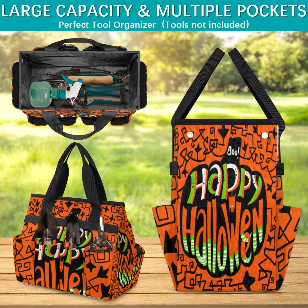 Happy Halloween Topic Garden Tool Bag Garden Storage Tote Bag with 10 Pockets & Handle Oxford Garden Home Tool Storage Tote Organizer for Men Women, Great Gardening Gift