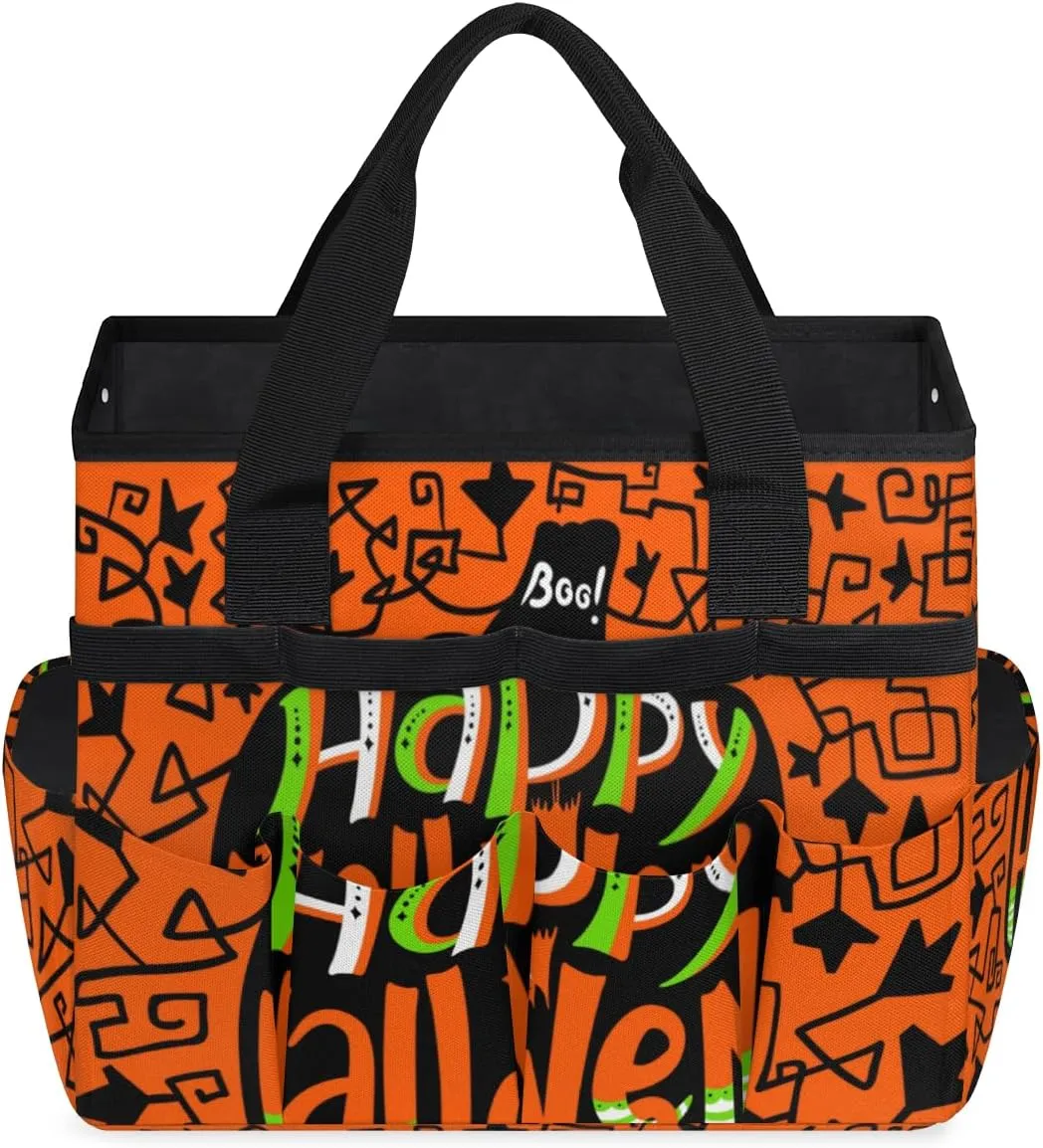 Happy Halloween Topic Garden Tool Bag Garden Storage Tote Bag with 10 Pockets & Handle Oxford Garden Home Tool Storage Tote Organizer for Men Women, Great Gardening Gift