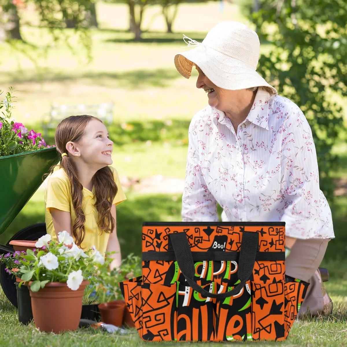 Happy Halloween Topic Garden Tool Bag Garden Storage Tote Bag with 10 Pockets & Handle Oxford Garden Home Tool Storage Tote Organizer for Men Women, Great Gardening Gift