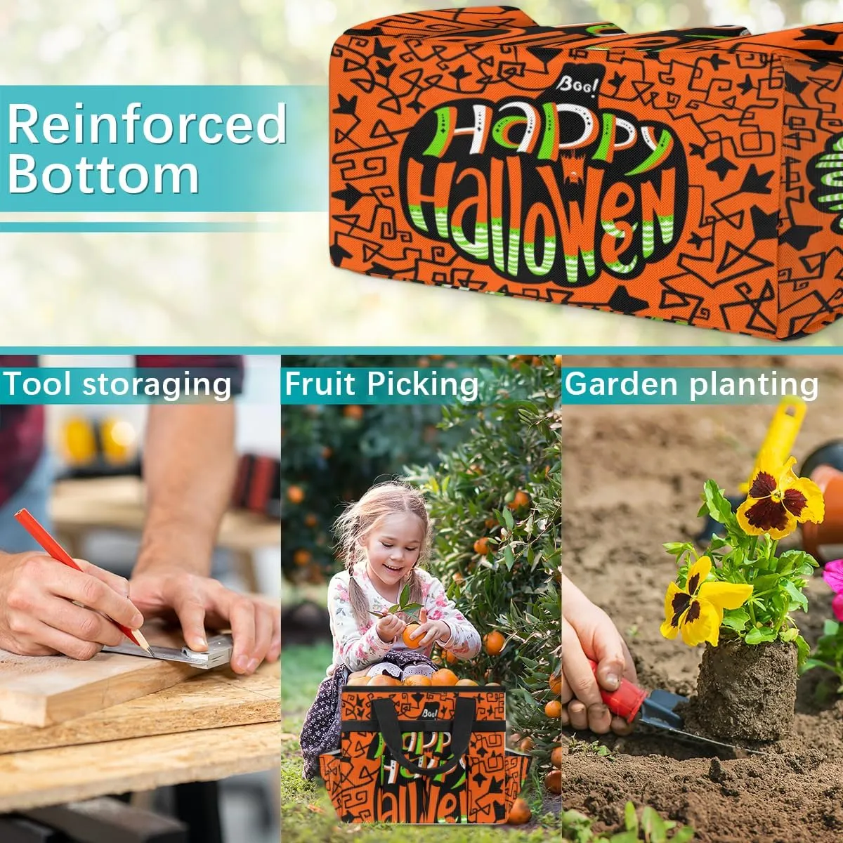 Happy Halloween Topic Garden Tool Bag Garden Storage Tote Bag with 10 Pockets & Handle Oxford Garden Home Tool Storage Tote Organizer for Men Women, Great Gardening Gift