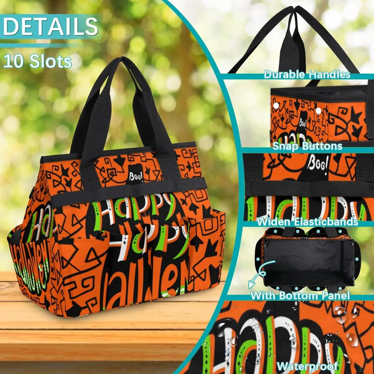 Happy Halloween Topic Garden Tool Bag Garden Storage Tote Bag with 10 Pockets & Handle Oxford Garden Home Tool Storage Tote Organizer for Men Women, Great Gardening Gift