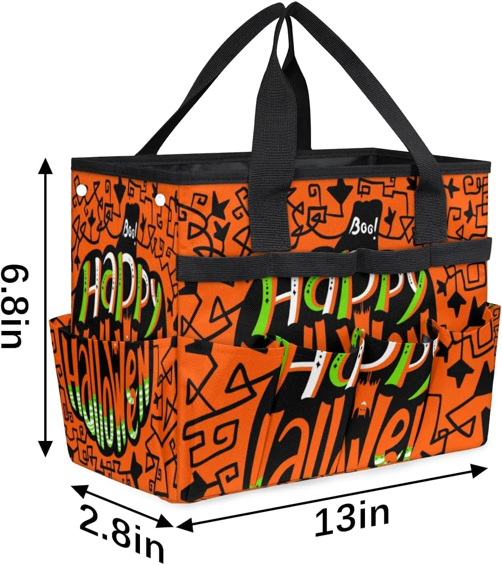 Happy Halloween Topic Garden Tool Bag Garden Storage Tote Bag with 10 Pockets & Handle Oxford Garden Home Tool Storage Tote Organizer for Men Women, Great Gardening Gift