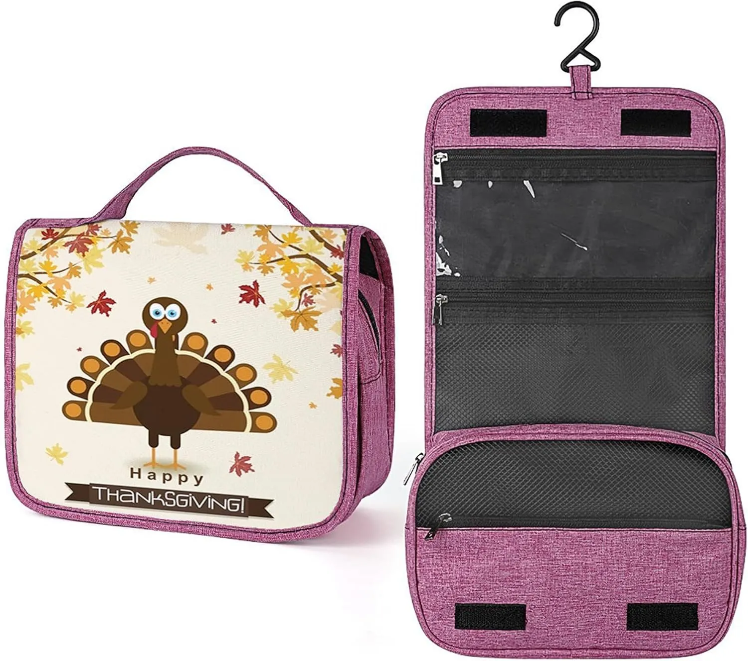 Happy Thanksgiving,Makeup Bag Cosmetic Travel Bag with Hanging Hook,Fall Season Illustration Holiday Theme,Water-resistant Make Up Bag Organizer for,Full-size Container,Toiletries,Brown Orange