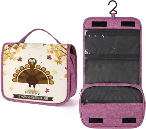 Happy Thanksgiving,Makeup Bag Cosmetic Travel Bag with Hanging Hook,Fall Season Illustration Holiday Theme,Water-resistant Make Up Bag Organizer for,Full-size Container,Toiletries,Brown Orange