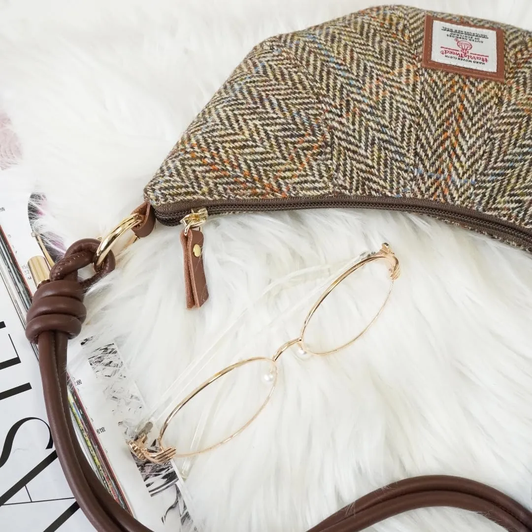 Harris Tweed Medium Crescent Bag,Adjustable Strap Crossbody Purse, Full Wool Tartan Hobo Shoulder Bag Vintage Scottish Style