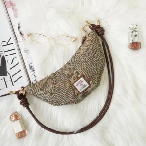 Harris Tweed Medium Crescent Bag,Adjustable Strap Crossbody Purse, Full Wool Tartan Hobo Shoulder Bag Vintage Scottish Style