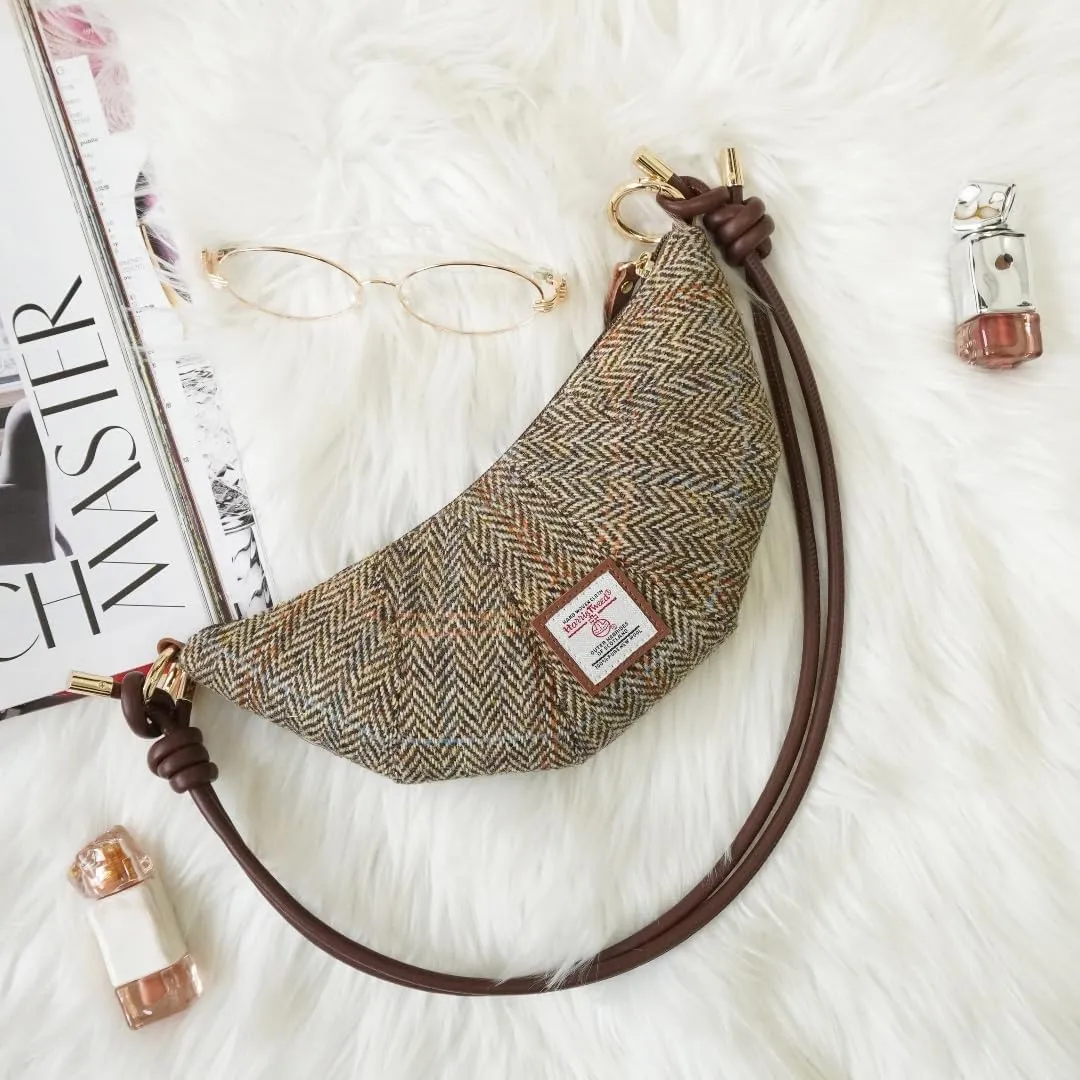 Harris Tweed Medium Crescent Bag,Adjustable Strap Crossbody Purse, Full Wool Tartan Hobo Shoulder Bag Vintage Scottish Style