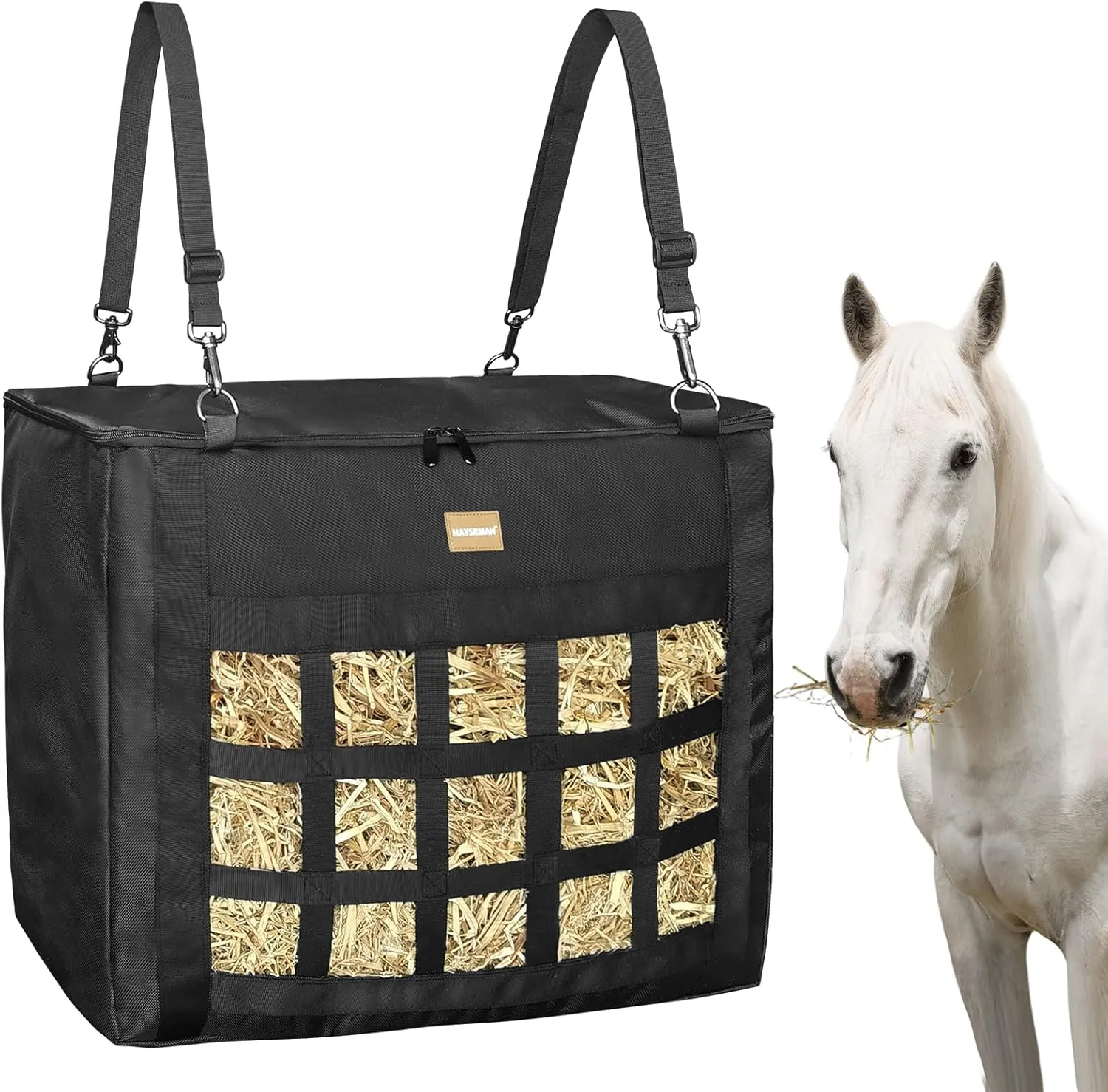Hay Bags for Horses/Goats, Slow Feeder Hay Bag with Super Tough Oxford Fabric and Heavy Duty Zipper,Front Hay Nets Design Reduces Hay Waste (Black)
