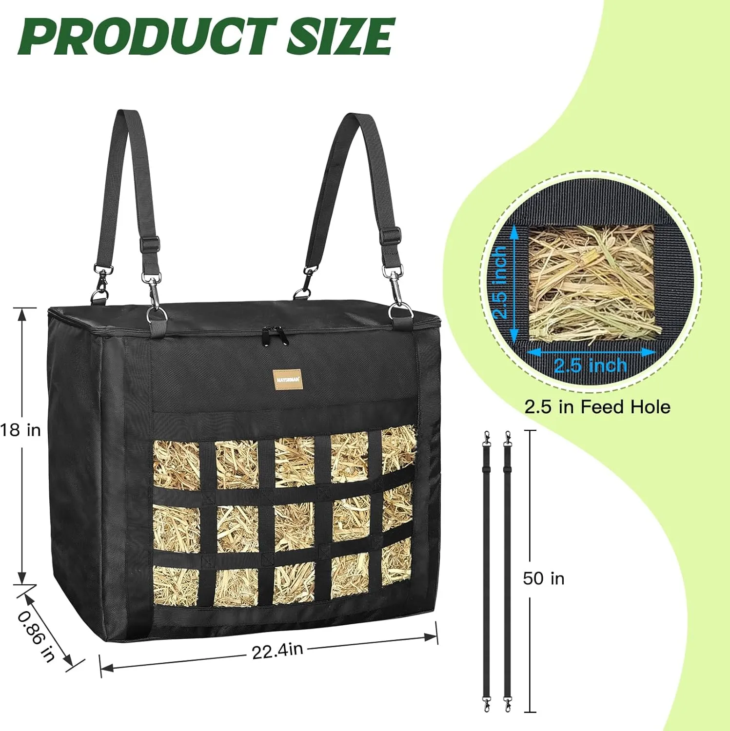 Hay Bags for Horses/Goats, Slow Feeder Hay Bag with Super Tough Oxford Fabric and Heavy Duty Zipper,Front Hay Nets Design Reduces Hay Waste (Black)