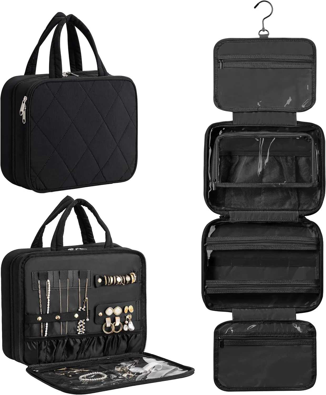 HBlife Travel Toiletry Bag with Jewelry Organizer for Women, Puffy Hanging Travel Bag for Toiletries with Trolley Belt, Waterproof Makeup Cosmetic Bag, Carry-on Travel Accessories Essentials(Black, M)